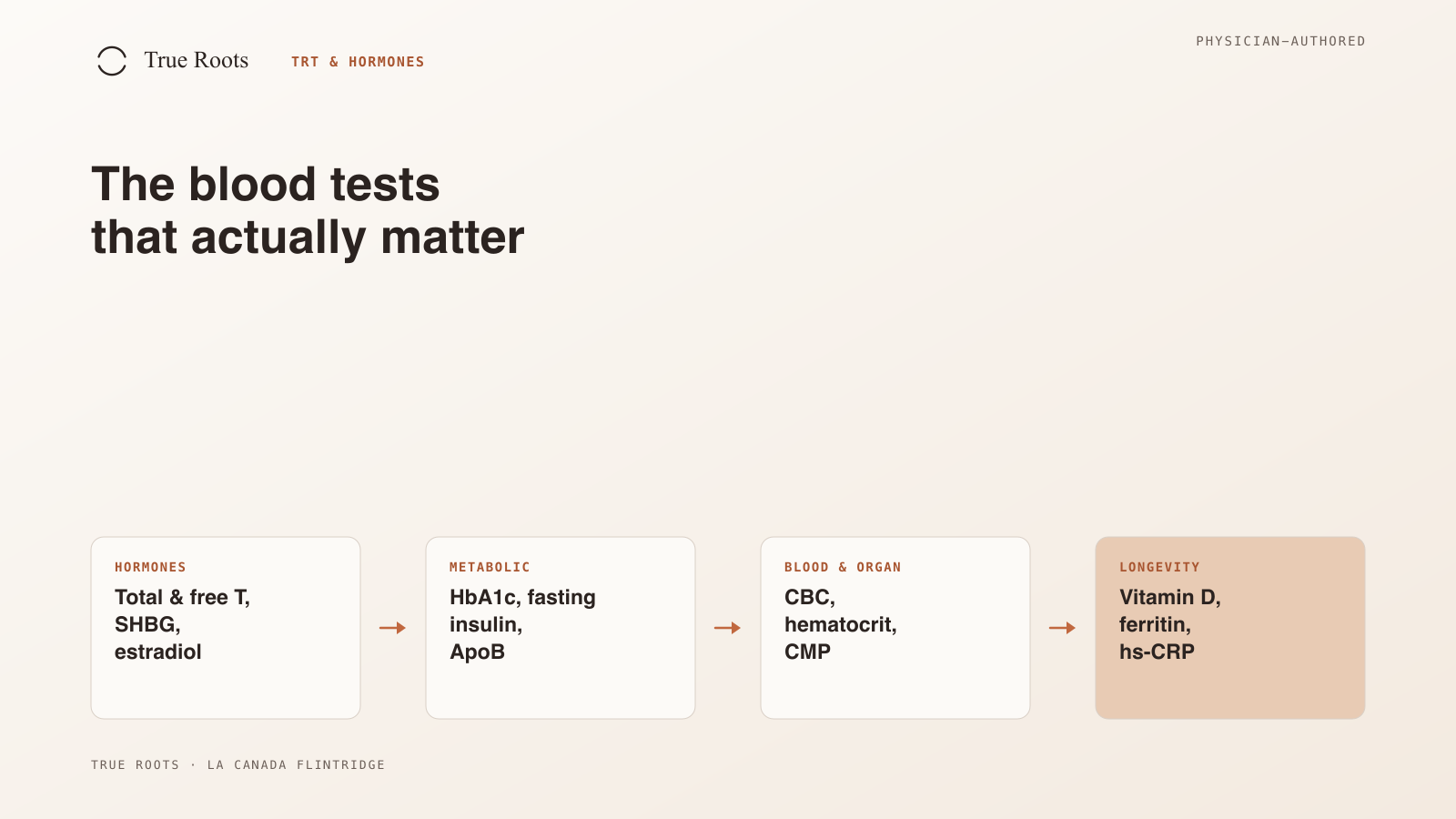 Four categories of men's blood markers shown as cards: hormones, metabolic, blood and organ, and longevity markers, with the key tests listed under each